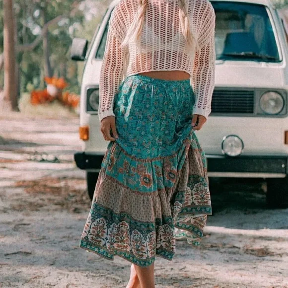 SOLD OUT Turquoise Bohemian Floral Long Casual Skirt - Picture 3 of 6